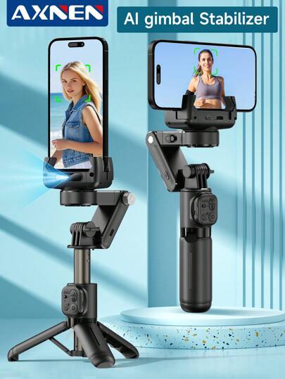 AXNEN AI Smart Handheld Gimbal Stabilizer - Auto Face Tracking, Foldable 360° Rotating Selfie Stick/Tripod With Fill Light - Compatible With Android & IOS For Livestreaming/Meetings/Selfies/Photography/Video