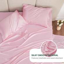 4Piece California King Satin Bed Linen Set, Pink Silky Satin Sheets, Deep Pocket, Luxury Silk Feel, 1 Flat, 1 Fitted Sheet, 2 Pillow Cases - 粉色 - 查看 6