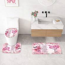 4 Pcs Yellow Inspirational Quotes Shower Curtain Set With Rugs And Toilet Lid Cover, Colorful Boho Waterproof Fabric Bathroom Set, Bible Verse Floral Bathroom Decor Set Accessories - 粉色 - 查看 4