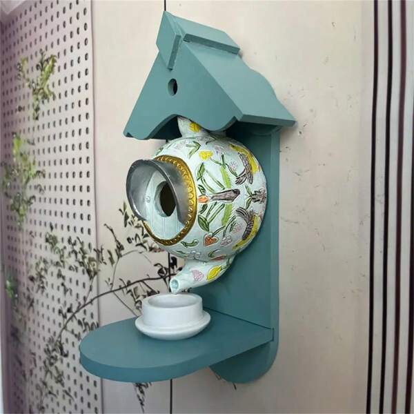Charming Resin Hummingbird Feeder With Blue Roof And Floral Design - Ideal Garden Gift For Bird Lovers, Unique Outdoor Decoration For Home Yard, Attracts Hummingbirds | Decorative Bird House | Complex Design, Outdoor Hanging Hummingbird Feeder