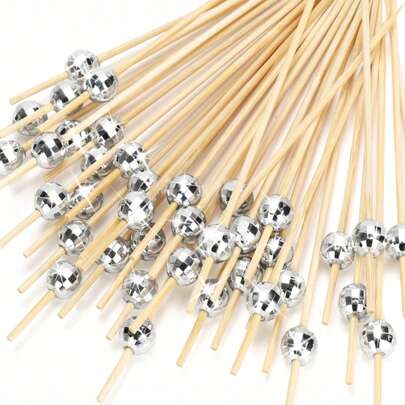 100pcs Cocktail Picks, Disco Ball Decorative Toothpicks, Suitable For Appetizers, Drinks, Food, Elegant Bamboo Skewers, 4.7 Inch Long Silver Wooden Cocktail Picks, Summer Hawaiian Party Decor, Valentine's Day & Carnival Decor, St. Patrick's Day Decor, Easter Decor