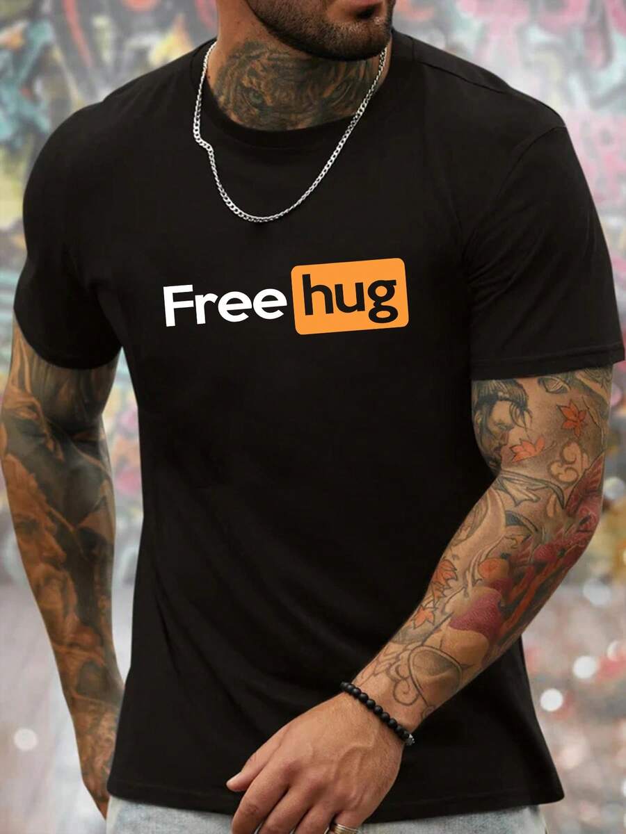 Men's Casual Street "Free Hugs" Graphic Shirts, Comfortable And Versatile Tops, Ideal For Summer Outdoor Activities Or Casual Wear, Men's Clothes, 4th Of July Excellent Gift Choice - 黑色 - 查看 1