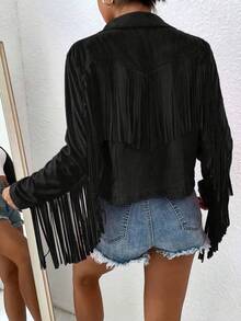 elfnokto Women Spring & Autumn Plain Color Fringed Long Sleeve Lapel Jacket - Black - View 2