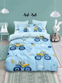 4Pcs Bedding Set (1 Duvet Cover + 2 Pillow Cases + 1 Flat Sheet, No Filler), Bulldozer & Excavator Print, Suitable For Bedroom, Hotel, School, Apartment, Single/Double Bed, Machine Washable - B - View 3