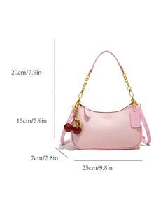 新款时尚经典百搭字母图案装饰设计纯色防水PU面料单肩包、月牙包、腋下包，适合购物，可斜挎。饰有樱桃吊坠，夏季月牙包，适合海滩度假、返校季，女士钱包。