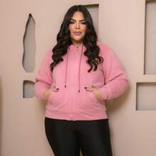 PLUS SIZE WOMEN'S BLOUSE WITH ZIPPER, POCKETS AND FUR - Coral Pink - View 3