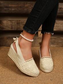 Woven Closed Toe Bun Holder Elastic Bowknot Rope Decor Stylish Lightweight Casual Women Wedge Slides - Beige - View 6