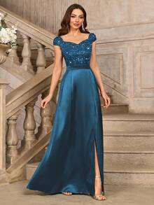 MIUSOL Sequin Floral Lace Sweetheart Neck Cap Sleeve Contrast Satin Formal Party Maxi Dress, Elegant Party Dress For Women, Formal Evening Gown, Prom Dress, For Easter, Mother Day, Wedding Guest, Graduation, Dinner - 霧霾藍 - 查看 4