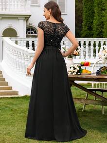 MIUSOL V Neck Sequin Lace Cap Sleeve Chiffon Pleated Hem Evening Party Maxi Dress, Elegant Party Dress For Women, Formal Evening Gown, Prom Dress, For Wedding Guest, Graduation, Dinner - màu đen - Xem 2