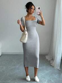 Solid Color Ribbed Knit Dress With Slits - 灰色 - 查看 3
