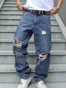 Men's Ripped Jeans Relaxed Fit Straight Leg Distressed Vintage Denim Pants Y2K Hip Hop Skater Streetwear Casual Trousers - 中等水洗藍 - 查看 2