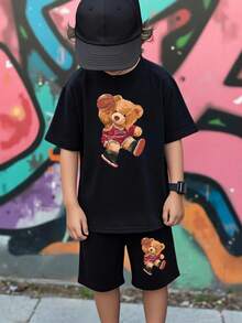 Osito de baloncesto Camiseta estampada para niños Ropa de verano de 2 piezas Transpirable Ropa de diario Perfecta para actividades al aire libre - Negro - Ver 2