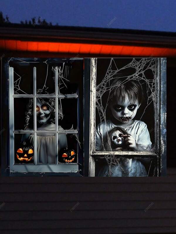 1 Set Ghost Skeleton Halloween Backdrop, High Quality Polyester Material For Haunted House, Yard, Porch, Party Decor, Window & Door Horror Atmosphere, Halloween Home Decoration