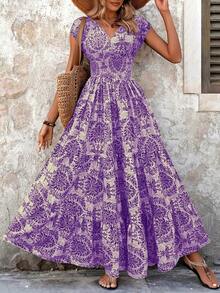Women'S Vibrant Purple Floral Print V-Neck Maxi Dress - Short Sleeve, A-Line Silhouette, Perfect For Spring/Summer Vacations, Polyester, Casual Style, Casual Summer Wear|Floral Print Dress|Short Sleeve Dress - Purple - View 6