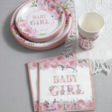 女嬰花卉派對餐具套裝，一次性紙盤杯子餐巾紙，適用於嬰兒淋浴派對，粉紅玫瑰設計，可供20位賓客使用 - 彩色 - 查看 5