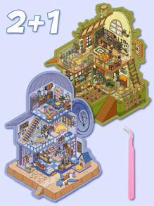 2pcs/1pc Large Size 3-Layer Decorative DIY Landscape Stickers, 3D Miniature House Micro-Scene Stickers For Children DIY Scrapbooking Toys, Landscape Stickers, Scene Stickers, Handbook Stickers, Reusable In Multiple Sizes
