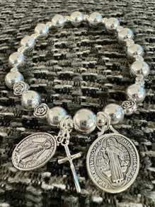 1pc Faux Pearl Beaded Flower & Cross Virgin Mary Pendant Bracelet, Vintage Style Suitable For Men And Women Daily Wear, Jewelry Gift