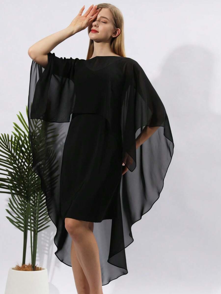 Cardigan Bolero sem mangas em chiffon transparente de cor sólida, verão - Preto - Ver 1