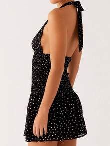 Women's Halter Mini Dress Fashion Sleeveless Open Back Dots Print Dress Summer Flowy Dress - màu đen - Xem 3