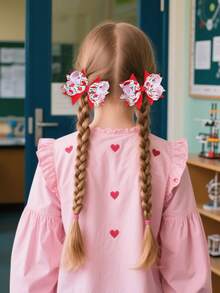 2 件装开学季女孩大号蝴蝶结铅笔苹果字母印花蝴蝶结鳄鱼夹开学第一天发夹可爱甜美发夹新学期发夹青少年发饰 - 彩色 - 查看 3