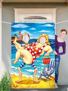 海滩派对人脸背景 3.3 X 5.5 英尺，海滩人脸骷髅照片道具，瘦男人抱着胖女人派对摄影背景，夏季海滩派对装饰，搞笑情侣照片道具 - 彩色 - 查看 1