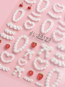 2pcs 5D Embossed Cake Cream Nails Art Stickers French Lace Skirt Edge Cute Cream Stripes Strawberry Cherry Bow Nail Decals Kawaii Heart Cream Nail Art Decoration Self-Adhesive Stickers DIY Nail Supplies