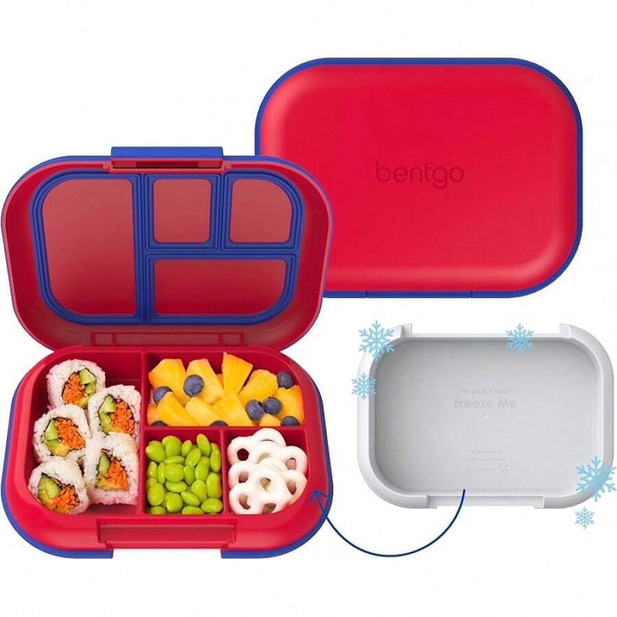 Lonchera a prueba de fugas Chill Kids - Caja Bento de 4 compartimentos con paquete de hielo incorporado, capacidad de 3.3 tazas, libre de PFAS y BPA, apta para microondas y lavavajillas, tamaño para edades de 3 a años (Verde/Azul Marino) - Rojo/Real - Ver 1