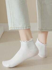 2/6/12 Pairs For Women, Black And White Ruffled Ear Edge Vertical Stripes, Breathable And Refreshing, Ins Style, College Style Ankle Socks, Home, Commuting, Party All-Match, Valentine's Day Gift - Multicolor - View 3