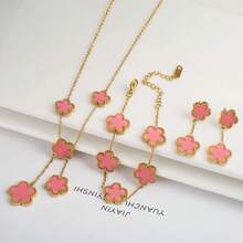 Conjunto de joyería para mujer, collar de flores de cinco hojas chapado en oro de 18k, pendientes, pulsera, joyería de fiesta, uso diario, trébol, 3 uds. - Juego de joyas 12 - Ver 13
