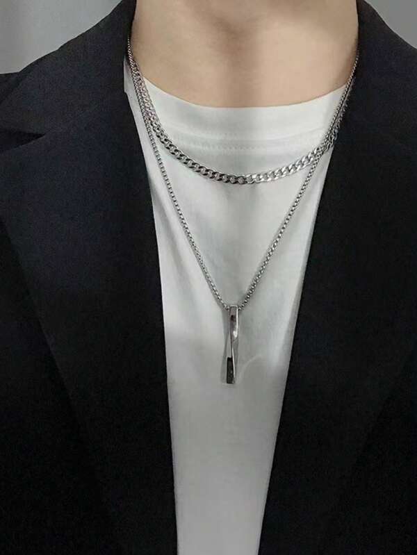 2pcs Stylish Minimal Spiral Pendant Long Chain Necklaces, For Men