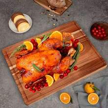 1 件装高品质红木砧板，带导流槽 - 双面圆形凹槽设计，乡村风格厨房用具，经久耐用，易于清洁，多用途砧板，适用于奶酪、蔬菜、肉类、面包、水果、坚果、牛排、寿司等，家用厨房、餐厅均适用，易于清洗，圣诞节装饰