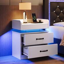LED Nightstand With Drawers, LED Night Stand With Charging Station, Bedside Table For Bedroom, Modern Night Stand With 2 Wood Drawers End Side Table For Bedroom, Black/ White/ Grey - trắng - Xem 1