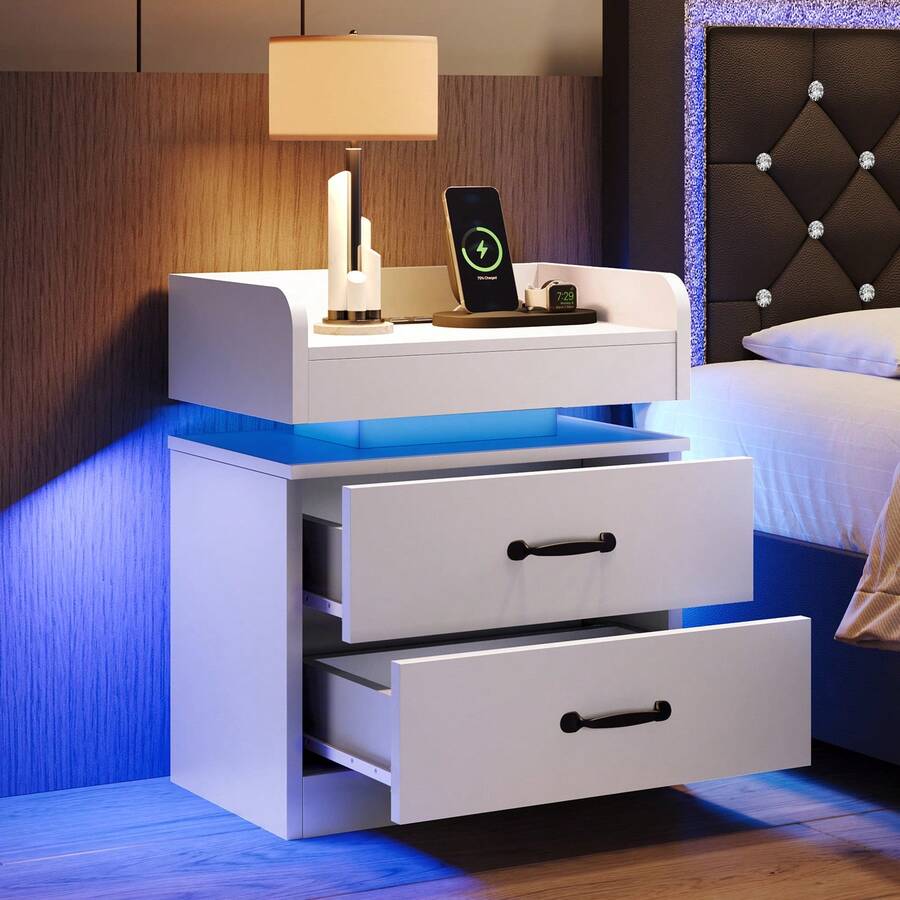 LED Nightstand With Drawers, LED Night Stand With Charging Station, Bedside Table For Bedroom, Modern Night Stand With 2 Wood Drawers End Side Table For Bedroom, Black/ White/ Grey - trắng - Xem 1