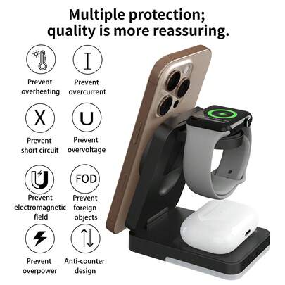 3-In-1 Fast Charging Station, 15W Multi-Function Wireless Charging Stand Compatible With Apple Devices, With Night Light Function