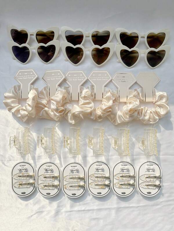 24pcs/Set Wedding Accessories Kit - Heart Shaped Glasses 6pcs, Hair Clips 6pcs, Earrings 12pcs, Gold Foil Hair Clips 12pcs, An Elegant And Classy Bridal Hair Accessories Set, Hair Accessories, Claw Clips