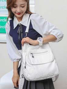 Mochila de cuero PU de alta calidad para mujer, clásica, unicolor, lujo, para viajes, casual, para la escuela, para niñas, 2026 - Blanco - Ver 8