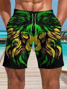 Shorts de praia casuais com estampa havaiana 3D plus size masculino - secagem rápida, cintura com cordão, perfeito para atividades ao ar livre no verão - Multicolorido - Ver 1