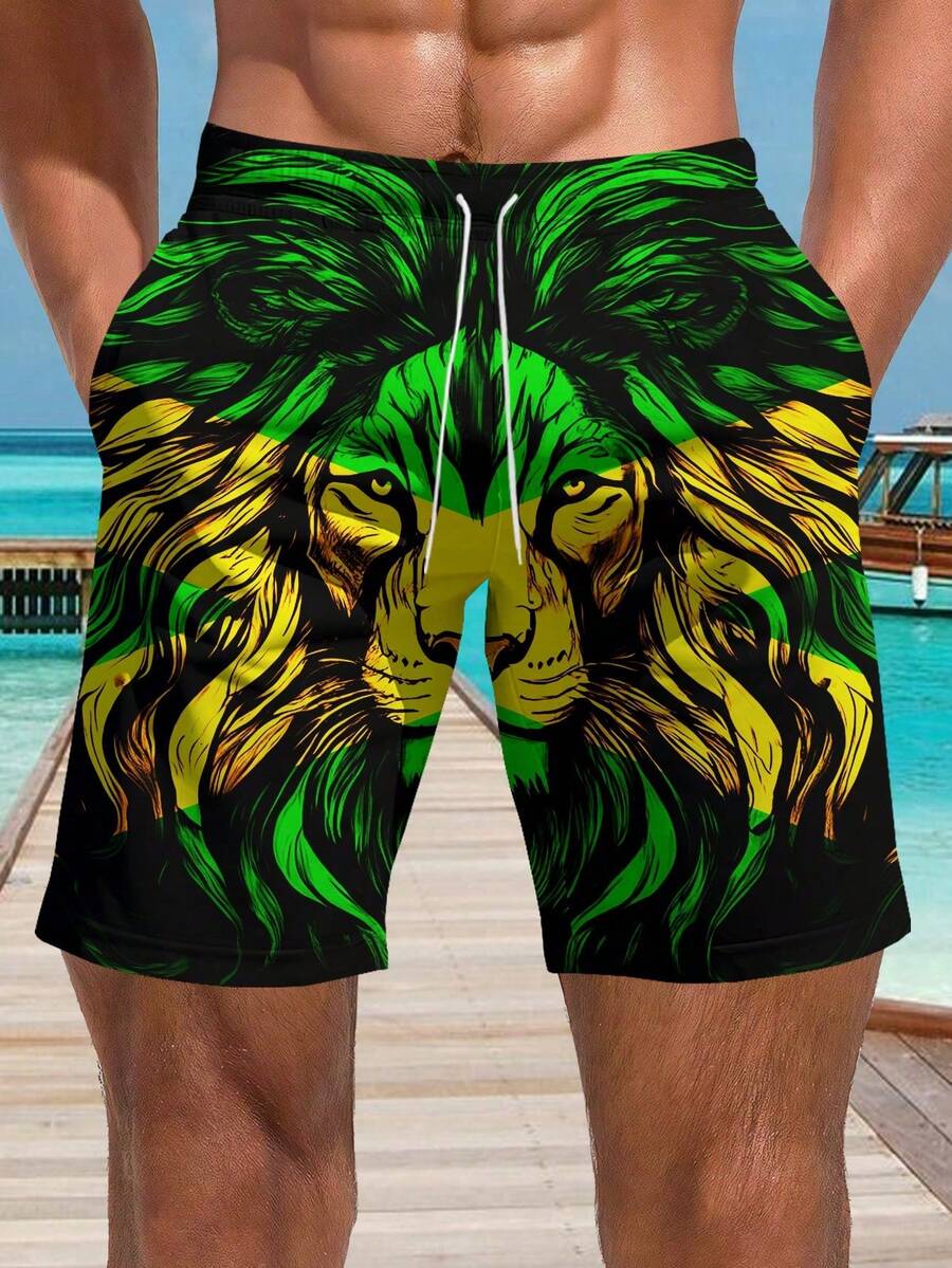Shorts de praia casuais com estampa havaiana 3D plus size masculino - secagem rápida, cintura com cordão, perfeito para atividades ao ar livre no verão - Multicolorido - Ver 1