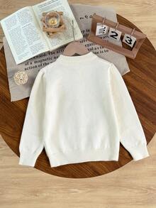 Cardigan de malha de cor sólida estilo universitário, 1 peça, com botões multicoloridos e laço de strass, design europeu e americano, adequado para meninas - Damasco - Ver 7