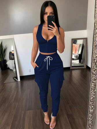 New Summer Women 2pcs Set, Casual Comfortable Solid Sleeveless Tank Top & Elastic Waist Pocket Long Pants
