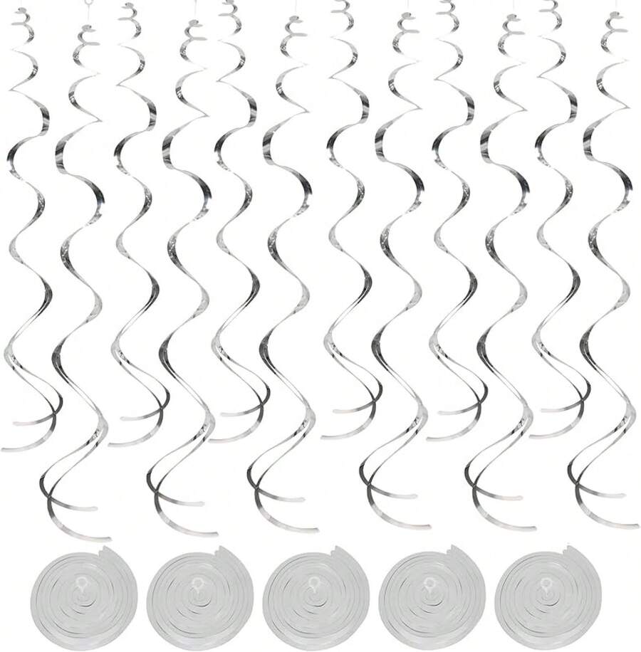 MEIJUANAAGold Hanging Swirl Decorations 30 Pcs, Party Swirl Decorations -Twin Tails Ceiling Swirl Foil Decorations, Gold Party Decor Wedding/Shower/Birthday Party//New Year Decorations - 銀色 - 查看 1