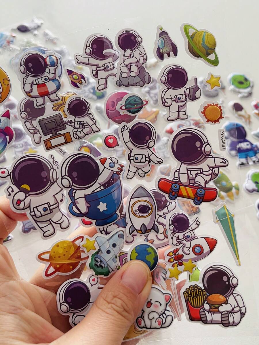 8 pièces/set Autocollants gonflés 3D, astronaute de bande dessinée, satellite, soucoupe volante, station spatiale, autocollants décoratifs DIY, récompenses pour étudiants, cadeau pour fête de vacances, styles aléatoires
