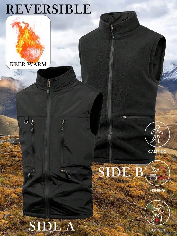 Men's Outdoor Sports Thermal-Lined Reversible Vest Lightweight Spring Autumn Casual Photographic Fishing Vest,Fleece
