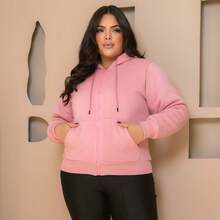 PLUS SIZE WOMEN'S BLOUSE WITH ZIPPER, POCKETS AND FUR - Coral Orange - View 5