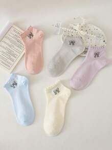 5/10 par krótkich skarpetek zdobionych kokardką, koronkowe wykończenie, śliczne skarpetki do kostki z niskim wycięciem, miękkie, oddychające, modne skarpetki żeglarskie, odpowiednie do codziennego noszenia, latem i jesienią