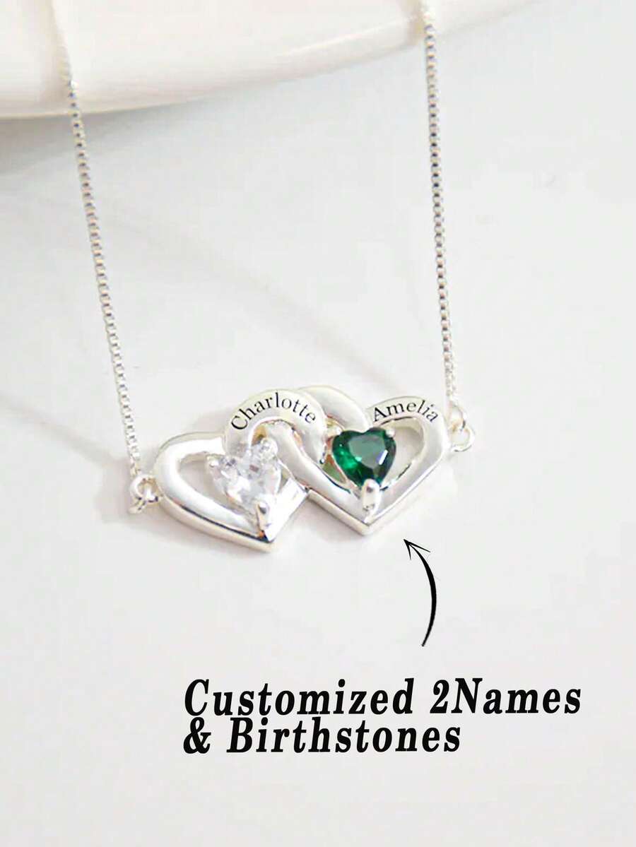 1pc Heart-Shaped Birthstone Bracelet, Personalized Birthstone Name Bracelet, Couples Name Bracelet, Friendship Bracelet, Valentine's Day Gift, Gift For Her, Customizable Birthstone - Silver - View 1