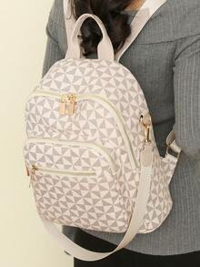 时尚女士双肩包设计，菱形绗缝大容量双肩包，休闲单肩包，通勤包，学生背包，妈妈包 - 白色 - 查看 5