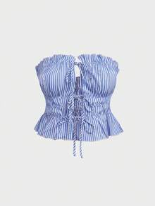 2 件女式条纹裤和条纹前系带荷叶边下摆短款上衣，蓝色和白色 - 藍白色 - 查看 6