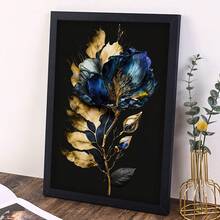 1 pieza, Foto personalizada, Marco de madera con plexiglás pulido, Estilo moderno, Flores azules y doradas en floración, Póster de arte en lienzo con impresión personalizada, Perfecto para familias, parejas, recuerdos de mascotas y un regalo perfecto para aniversarios