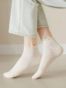 2/6/12 Pairs For Women, Black And White Ruffled Ear Edge Vertical Stripes, Breathable And Refreshing, Ins Style, College Style Ankle Socks, Home, Commuting, Party All-Match, Valentine's Day Gift - Multicolor - View 2